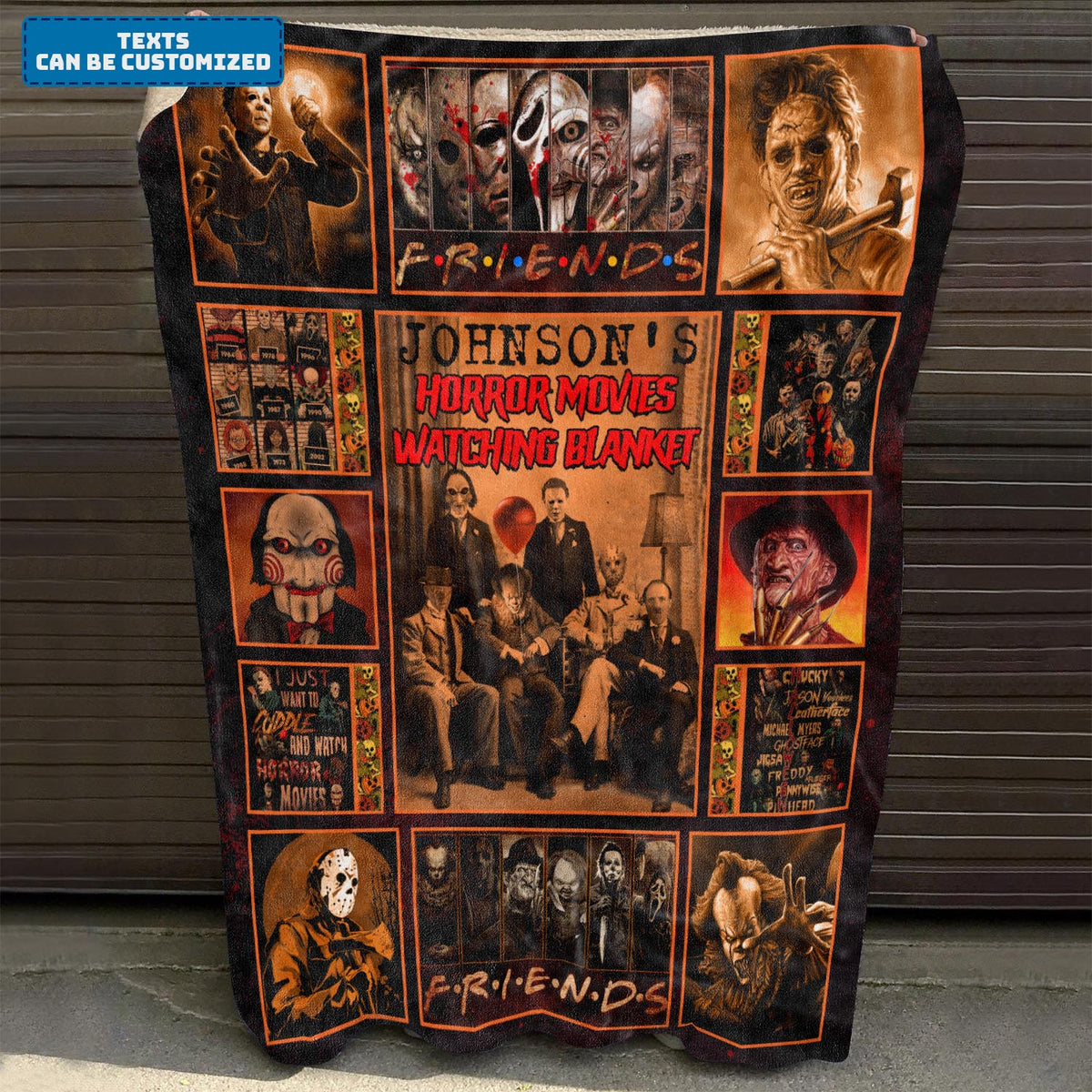 Personalized Name Horror Movies Watching Fleece Mink Sherpa Blanket – Custom Name Halloween Characters Friends Woven Blanket