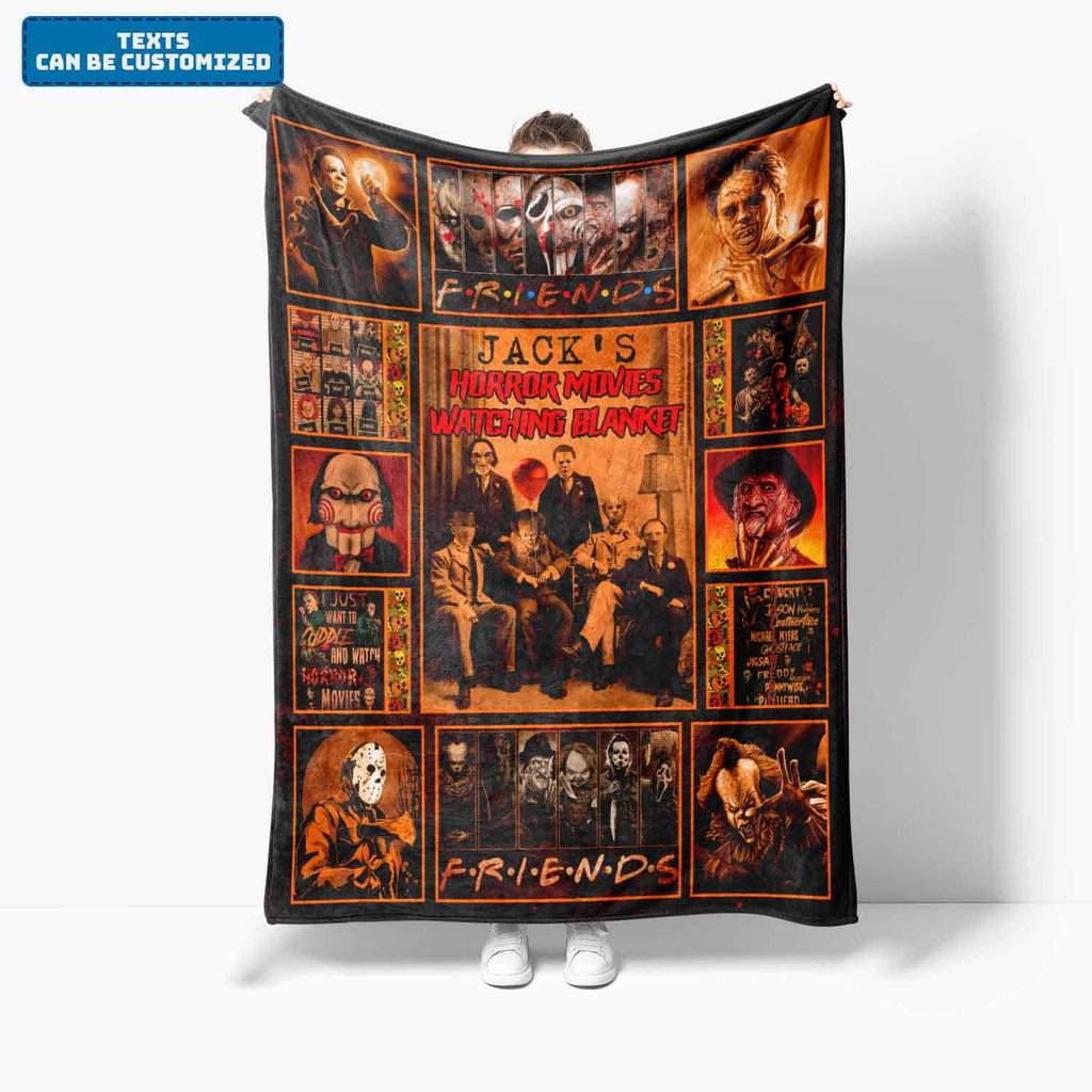 Personalized Name Horror Movies Watching Fleece Mink Sherpa Blanket – Custom Name Halloween Characters Friends Woven Blanket