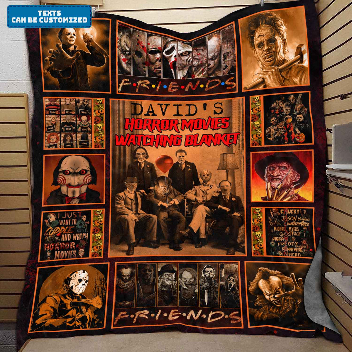 Personalized Name Horror Movies Watching Fleece Mink Sherpa Blanket – Custom Name Halloween Characters Friends Woven Blanket