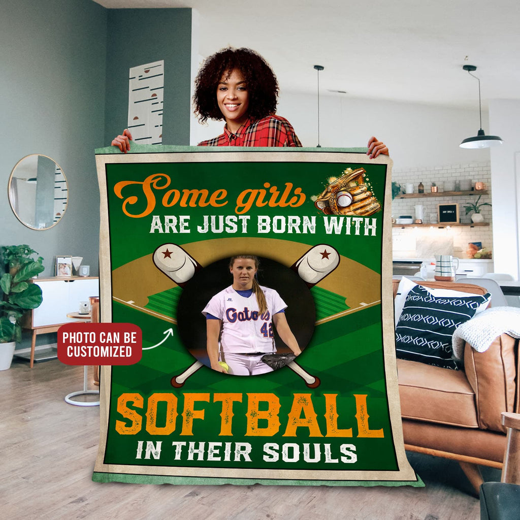 Personalized Some Girls Are Just Born with Softball in Their Souls – Custom Photo Fleece Blanket – Mink Sherpa Blanket
