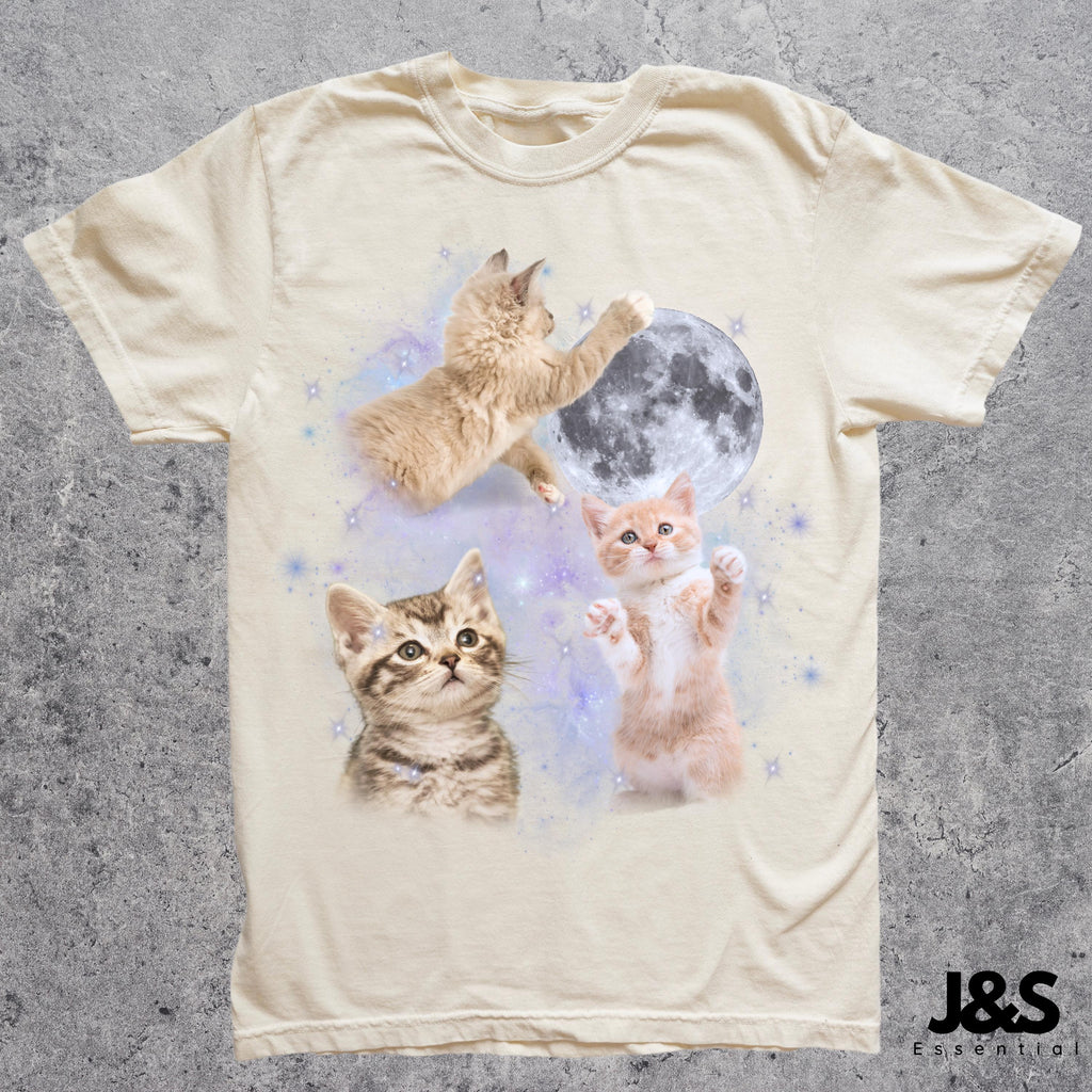 Three Cats Retro Moon Vintage Cat Moonmeme Cat Lovers Cat Tee Oversized Washed Tee Weird Meme (2)