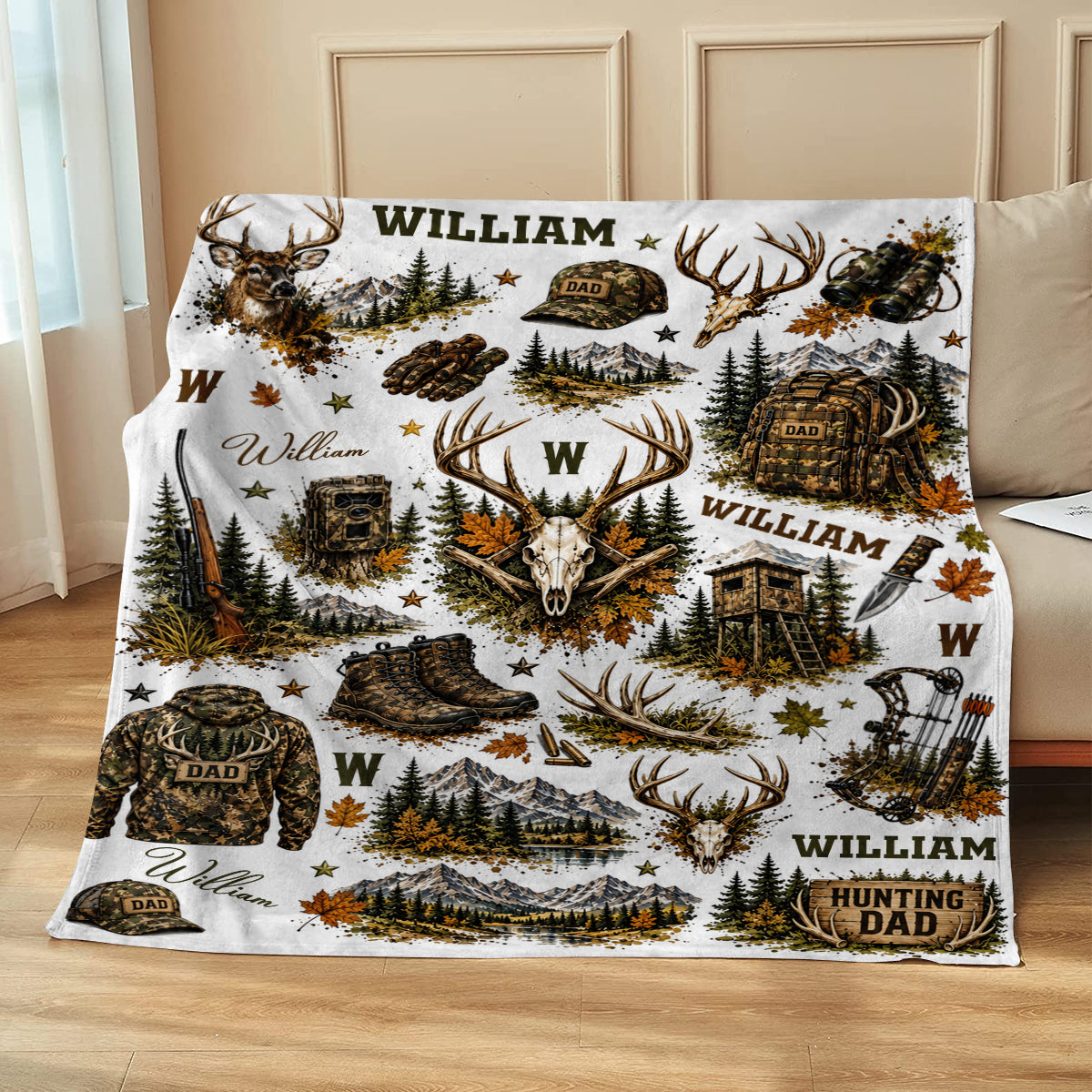 Personalized Hunting Dad Blanket, Custom Camo Deer Hunting Throw, Hunter Dad Gift, Outdoor Cabin Decor, Father’s Day Blanket, Dad Christmas Gift