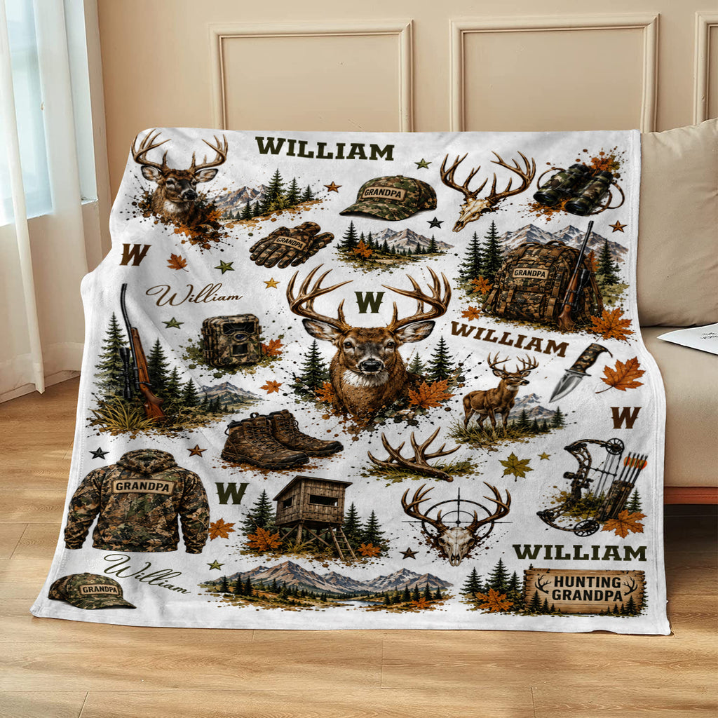 Personalized Hunting Grandpa Blanket, Custom Deer Hunting Throw, Grandpa Hunter Gift, Camo Cabin Decor, Grandpa Christmas Gift