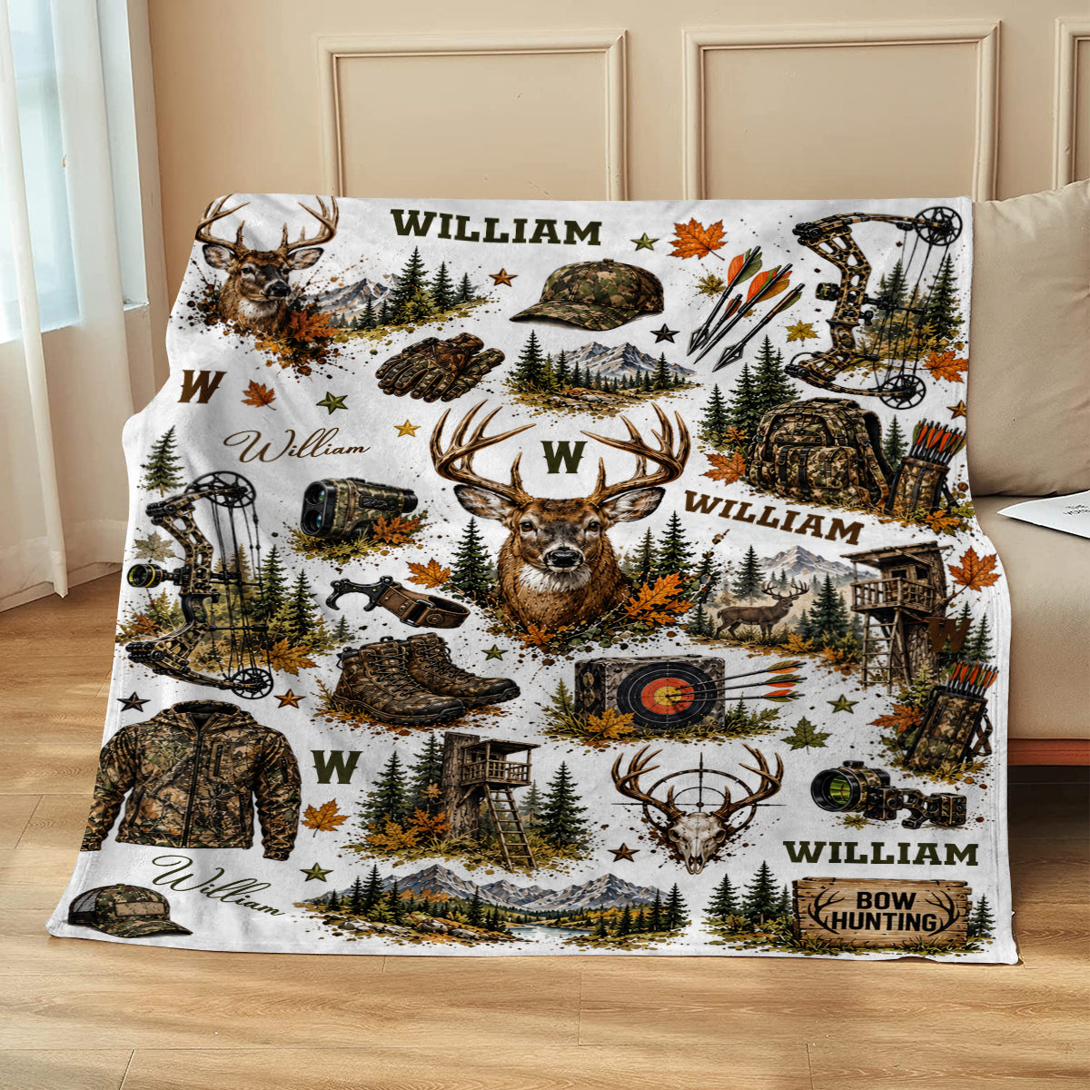 Personalized Bow Hunter Blanket, Bow Hunting Blanket, Deer Hunting Gift for Him, Outdoor Cabin Decor, Hunter Christmas Gift, Archery Hunter Gift