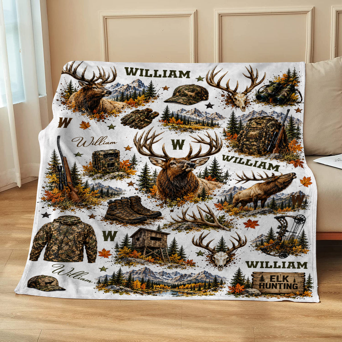Personalized Elk Hunter Blanket, Elk Hunting Gift, Hunting Gift for Him, Outdoor Cabin Decor, Hunter Christmas Gift