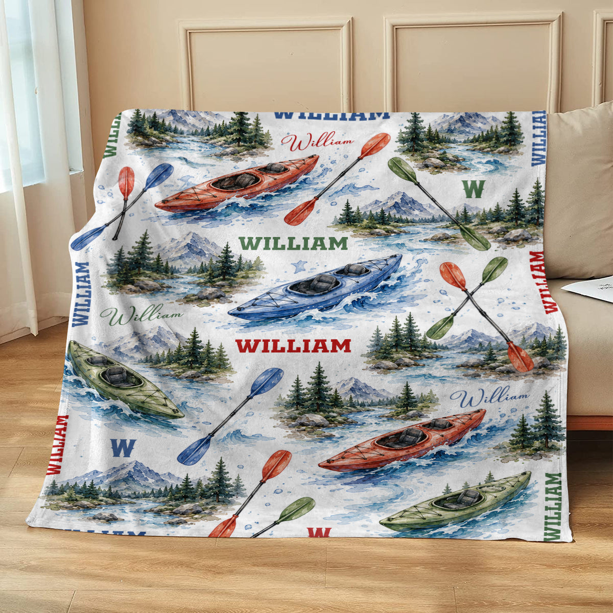 Personalized Kayak Blanket, Custom Name Kayaking Throw Blanket, Watercolor River & Mountain Outdoor Decor, Kayaker Gift, Nature Lover Gift