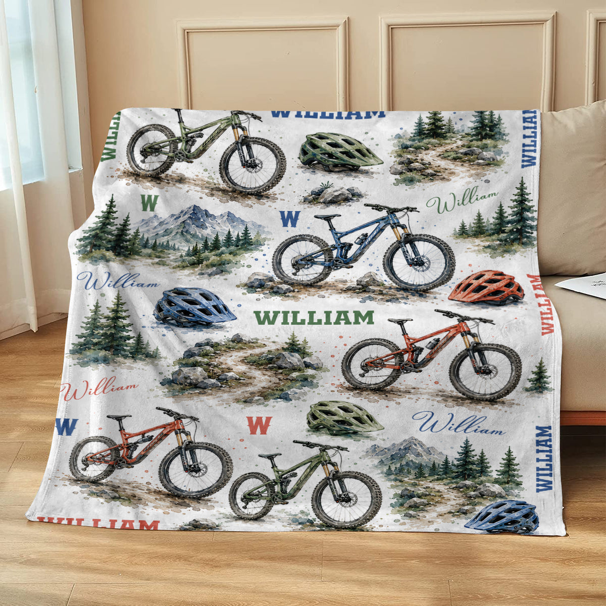 Personalized Mountain Bike Blanket, Custom Name MTB Blanket for Kids Boy Men, Watercolor Cycling Gift, Outdoor Biker Nursery Decor