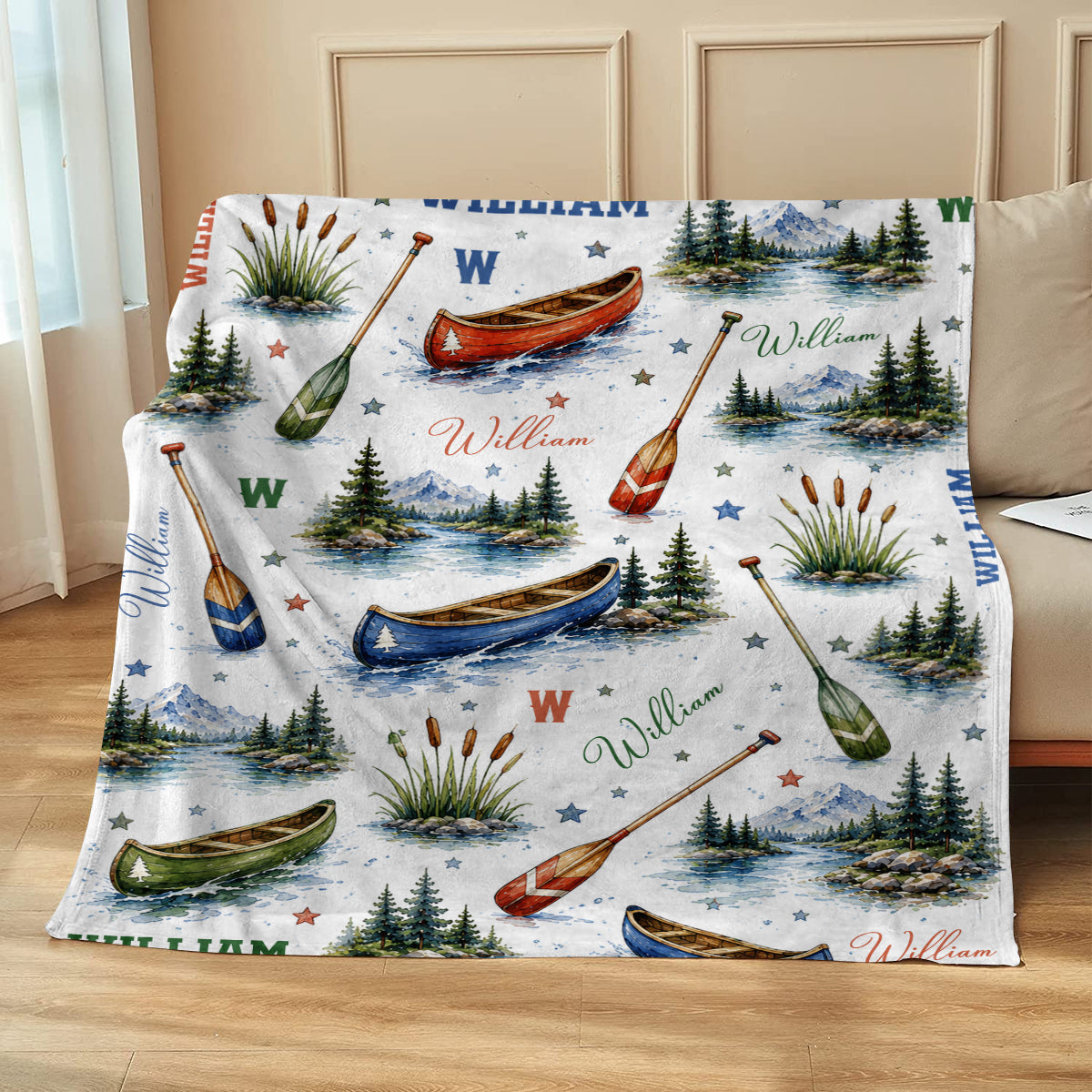 Personalized Canoe Blanket, Custom Name Camping Blanket for Kids & Adults, Watercolor Lake House Decor, Outdoorsy Gift, Mountain Throw