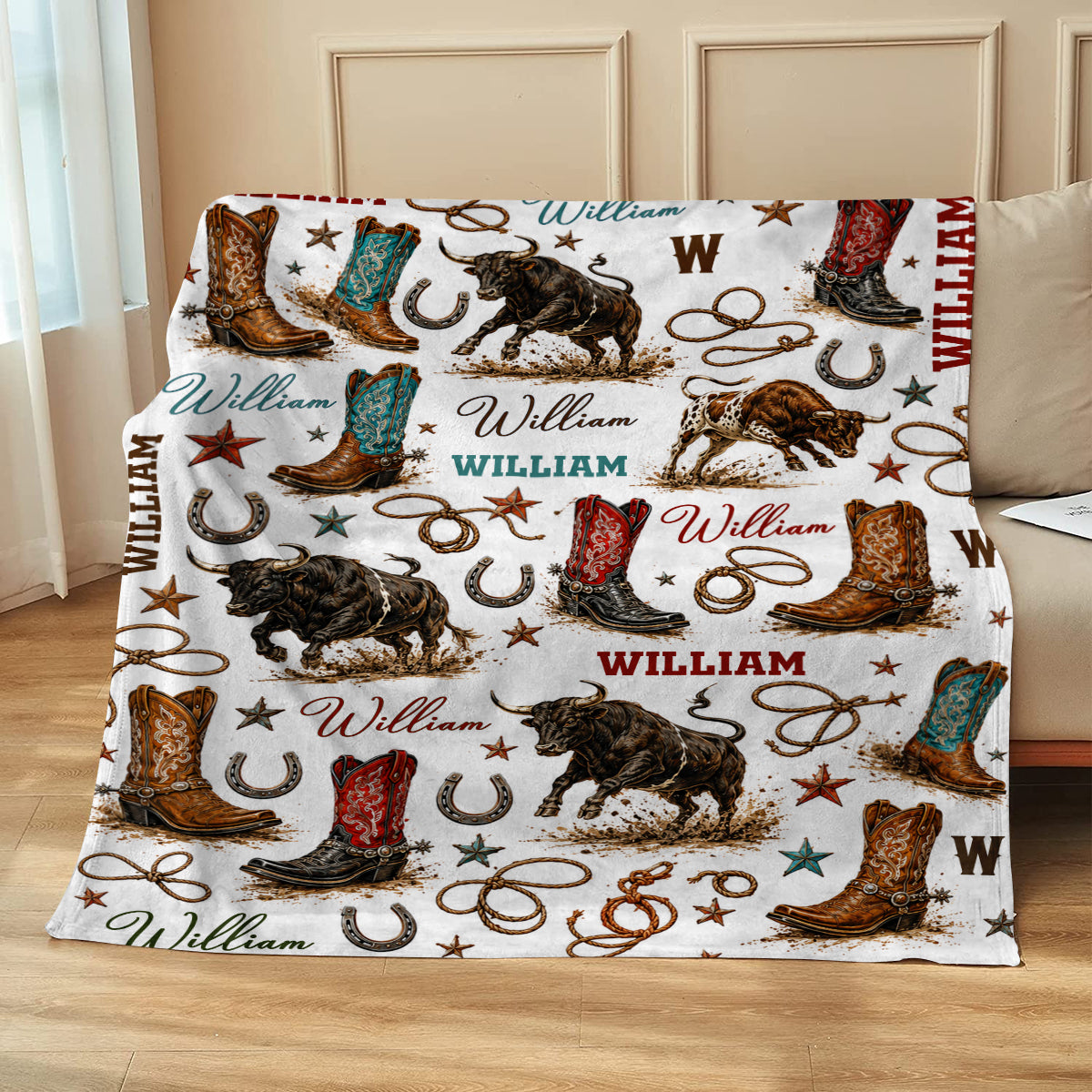 Personalized Cowboy Blanket, Custom Name Western Blanket, Rodeo Bull Rider Fleece Throw, Country Nursery Decor, Custom Boy Gift