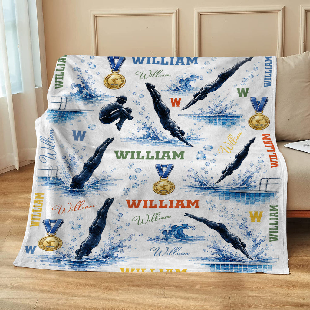 Personalized Diving Blanket, Custom Swimmer Diver Throw, Diving Board Sports Gift for Him, Custom Name Platform Diver Sherpa Blanket