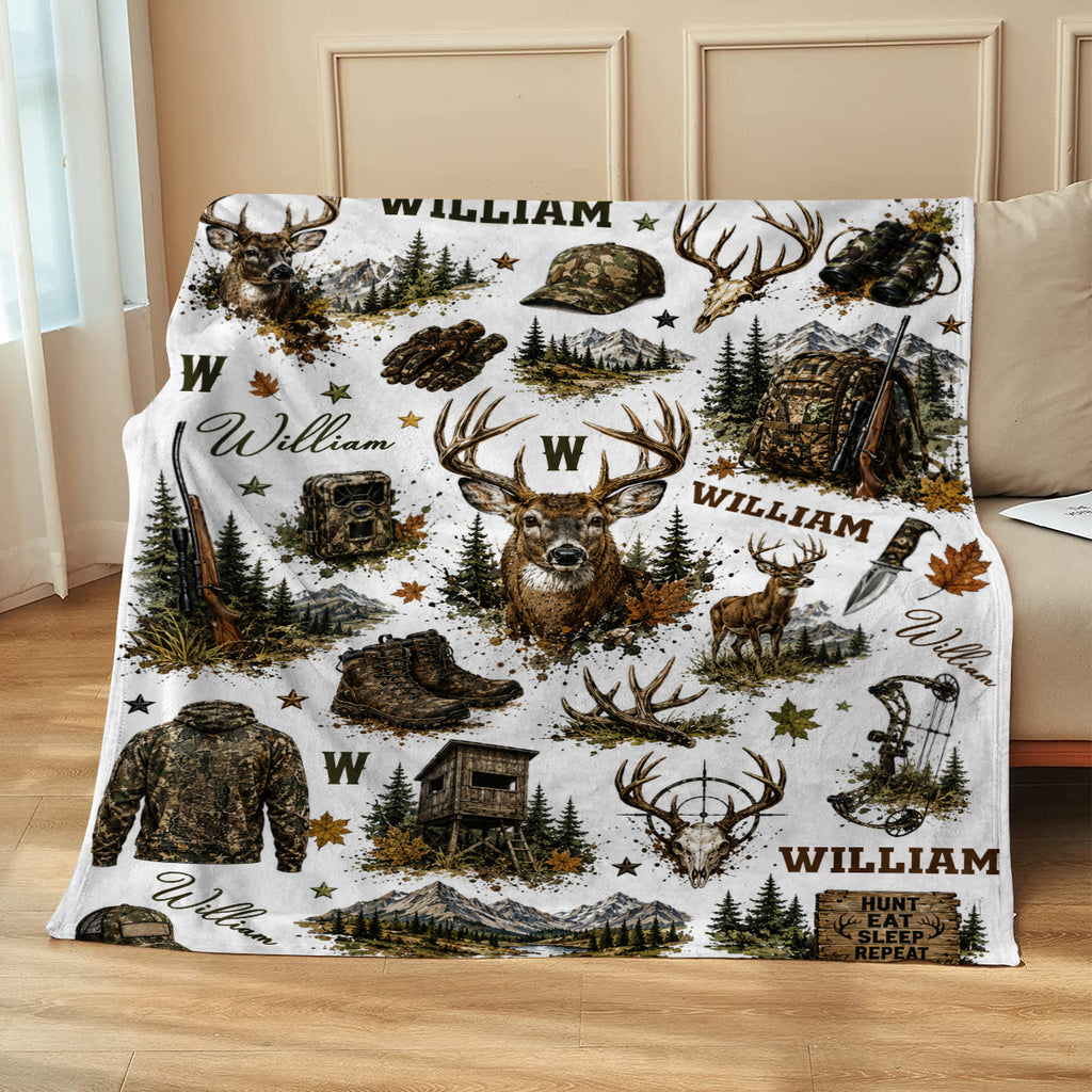 Personalized Hunting Blanket, Custom Deer Hunting Blanket with Name, Camo Hunter Throw Blanket, Outdoor Cabin Decor, Gift for Hunter Him