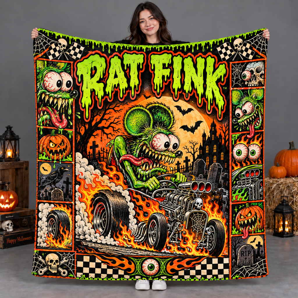 Rat Fink Retro Hot Rod Monster Spooky Halloween Graveyard Cozy Fleece Blanket