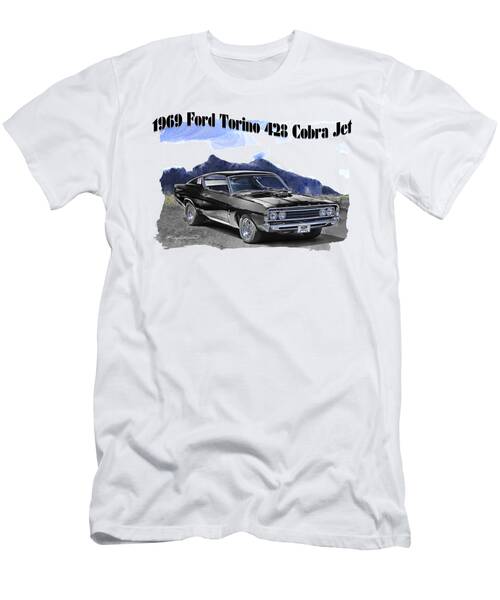1969 Ford Torino 428 Cobra Jet Black Muscle Car Art T-Shirt