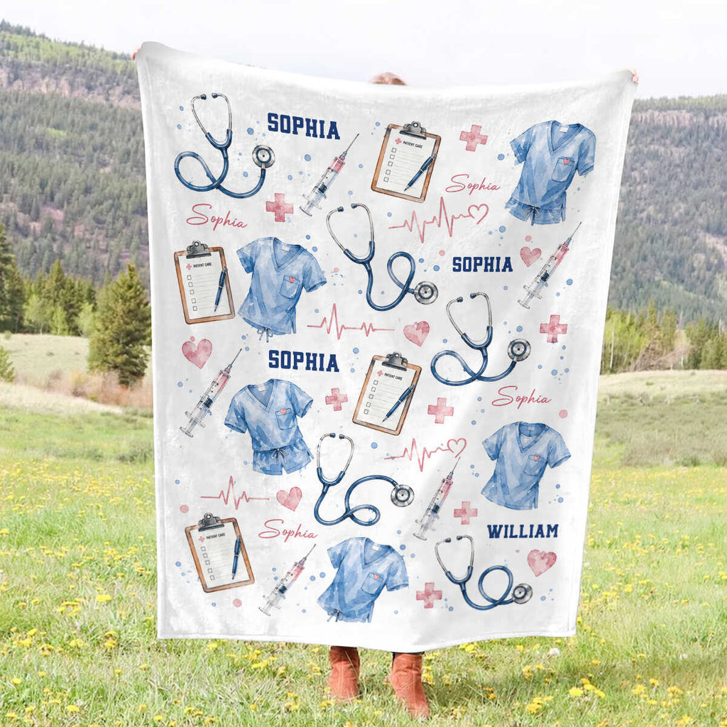 Personalized Nurse Blanket, Custom Nursing Gift, Watercolor Nurse Scrubs Stethoscope Throw, Nurse Graduation Gift, RN LPN Gift