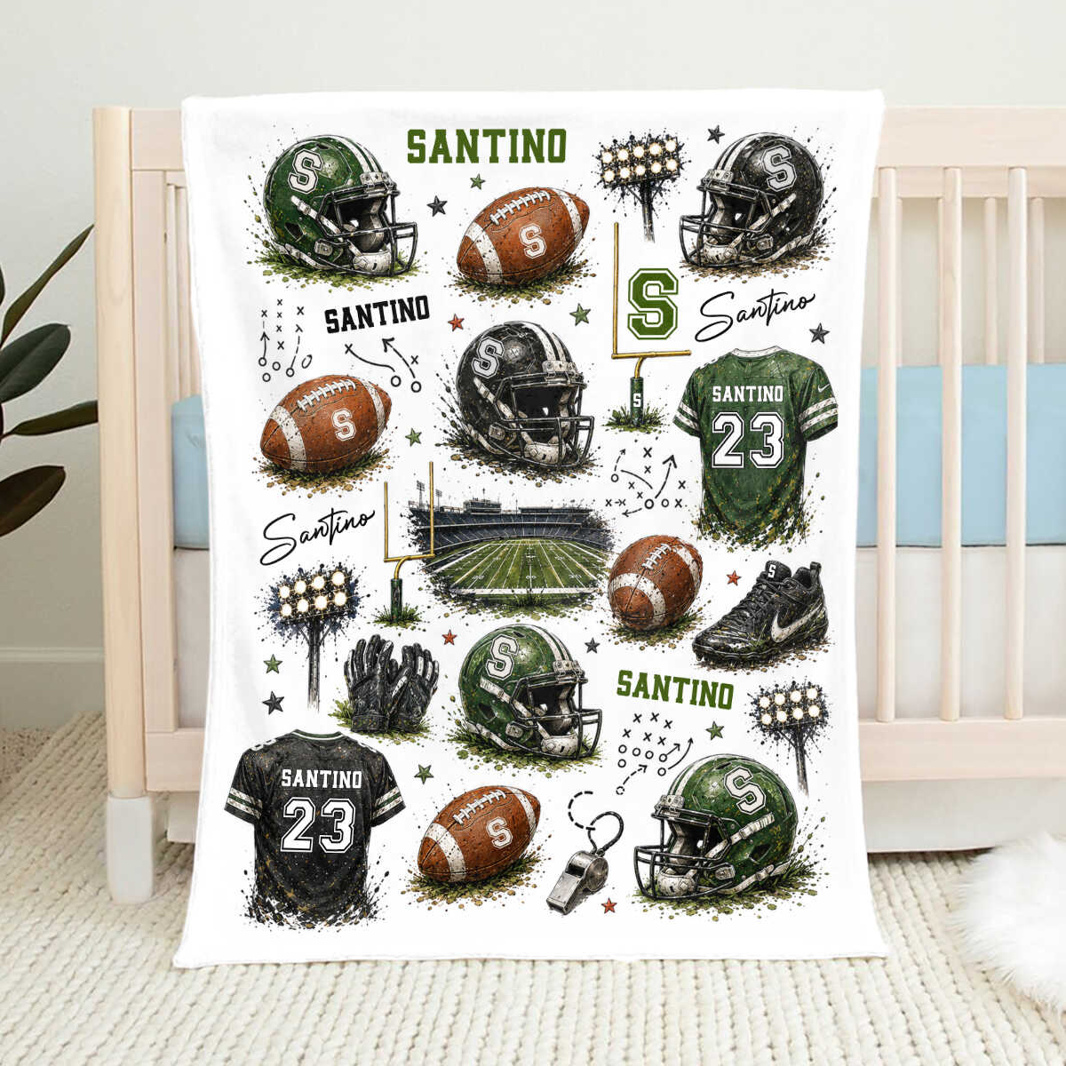 Personalized American Football Blanket, American Football Gift, Custom Name Sports Jersey Blanket Boy, American Football Nursery Decor