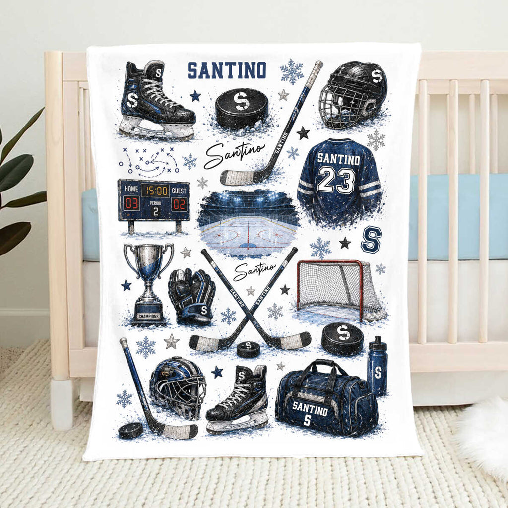 Personalized Hockey Baby Blanket with Name, Custom Ice Hockey Blanket for Boy, Hockey Nursery Decor, Kids Toddler Blanket, Ice Skate Gift