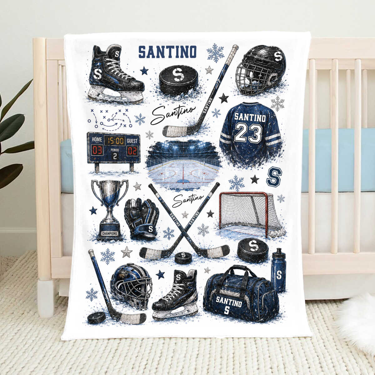 Personalized Hockey Baby Blanket with Name, Custom Ice Hockey Blanket for Boy, Hockey Nursery Decor, Kids Toddler Blanket, Ice Skate Gift