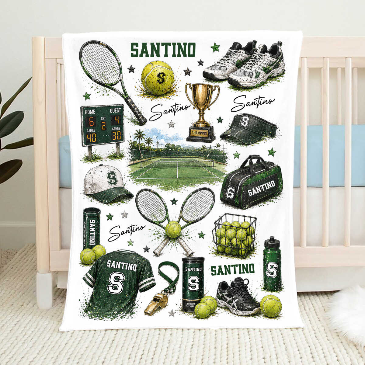 Personalized Tennis Blanket with Name, Custom Tennis Blanket for Boy, Tennis Court Nursery Decor, Kids Toddler Blanket, Racket Ball Gift