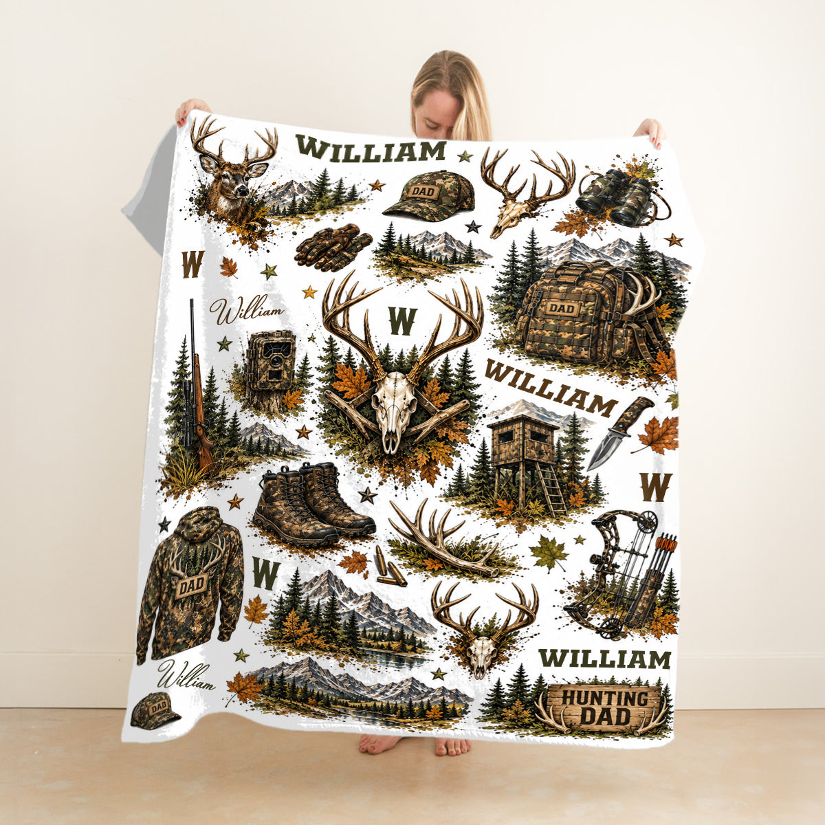 Personalized Hunting Dad Blanket, Custom Camo Deer Hunting Throw, Hunter Dad Gift, Outdoor Cabin Decor, Father’s Day Blanket, Dad Christmas Gift