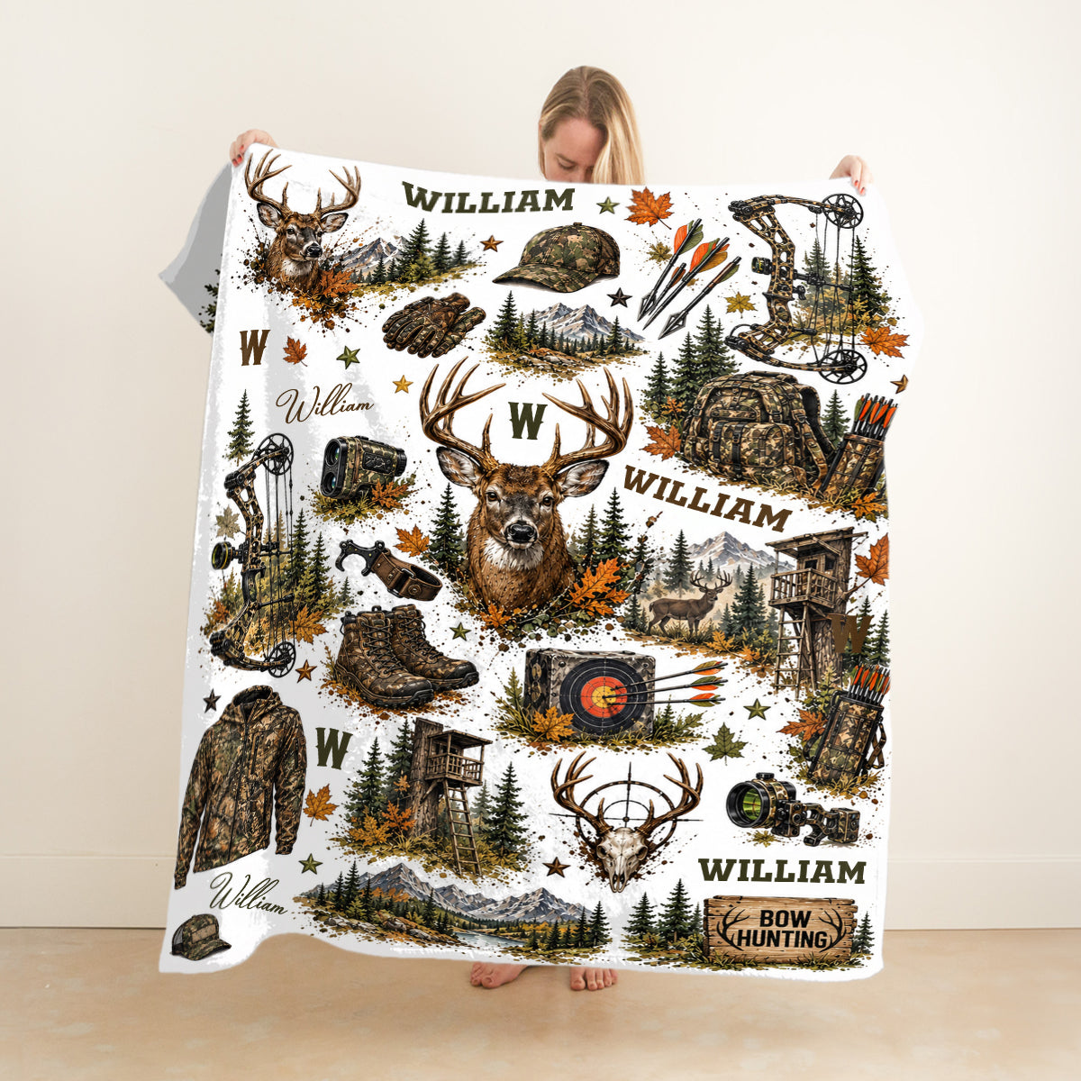 Personalized Bow Hunter Blanket, Bow Hunting Blanket, Deer Hunting Gift for Him, Outdoor Cabin Decor, Hunter Christmas Gift, Archery Hunter Gift