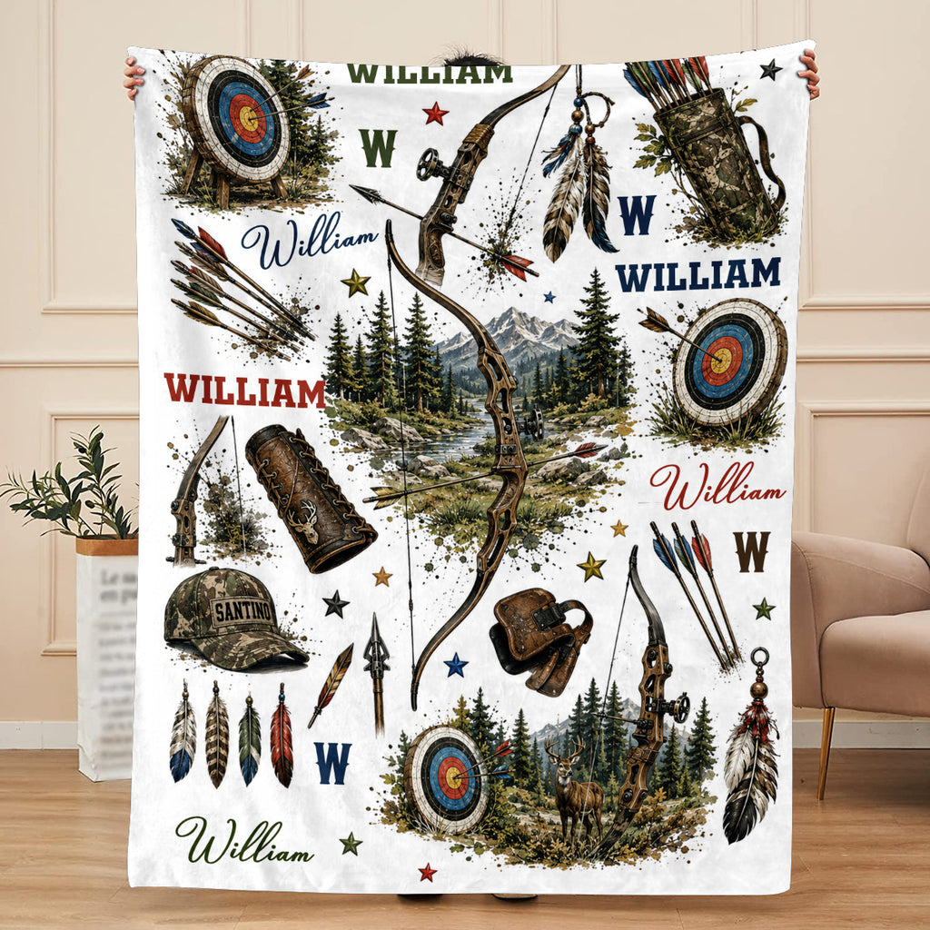 Personalized Archery Blanket, Custom Bow and Arrow Blanket for Boy, Woodland Hunting Nursery Decor, Toddler Blanket Gift
