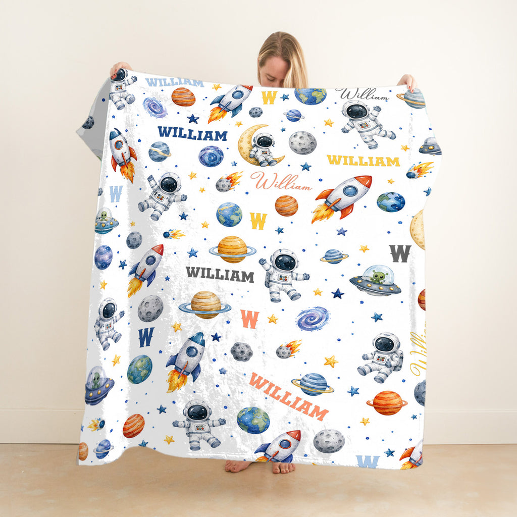 Personalized Space Baby Blanket with Name, Custom Astronaut Blanket for Boy, Rocket Ship Nursery Decor, Galaxy Swaddle