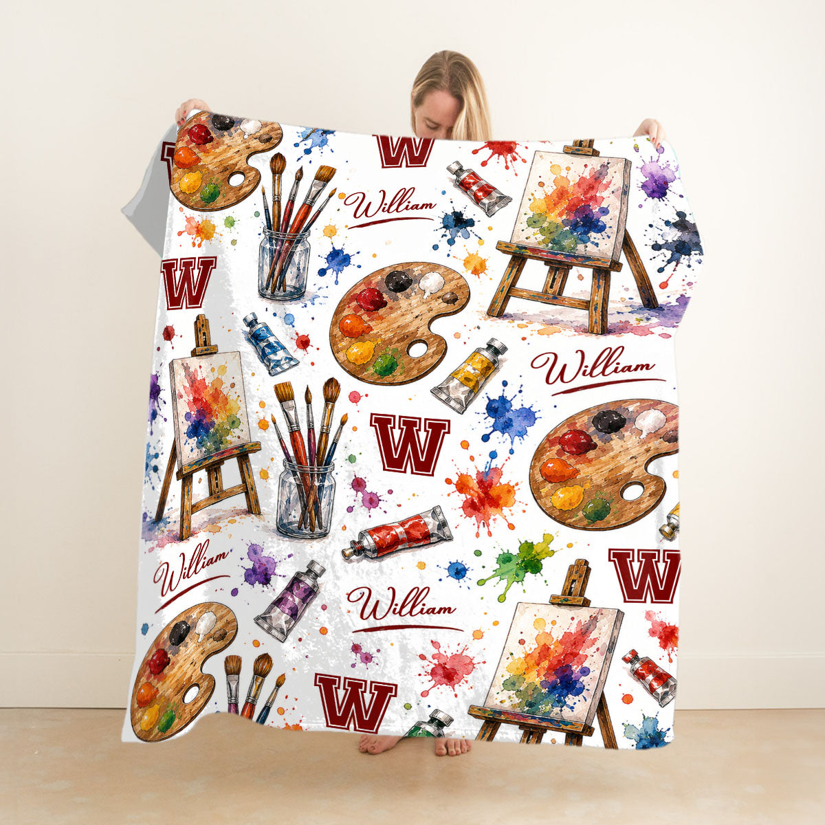 Personalized Artist Blanket, Custom Painter Gift, Art Teacher Blanket, Paint Palette & Brush Blanket, Artist Birthday Gift, Custom Name Art Lover Gift