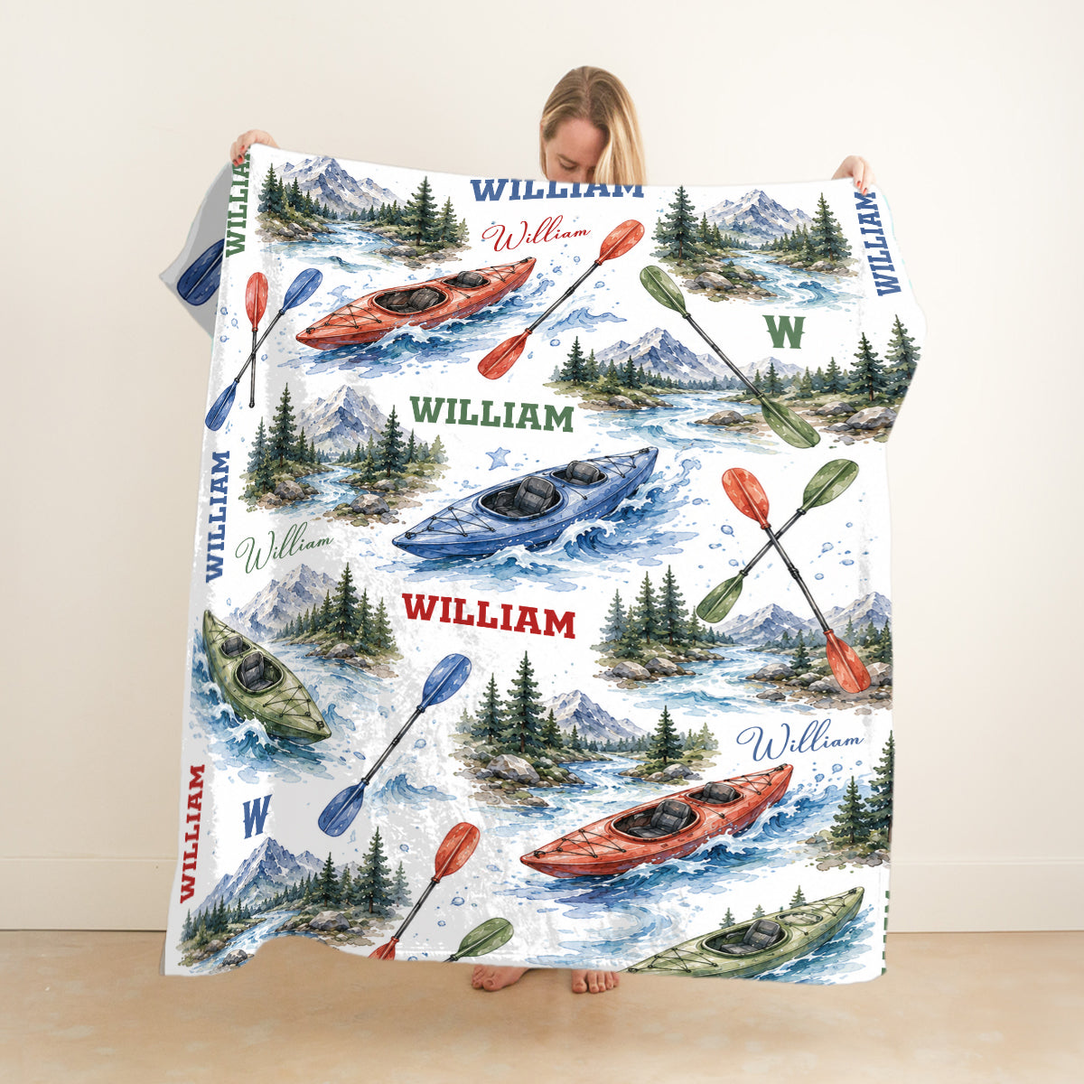 Personalized Kayak Blanket, Custom Name Kayaking Throw Blanket, Watercolor River & Mountain Outdoor Decor, Kayaker Gift, Nature Lover Gift