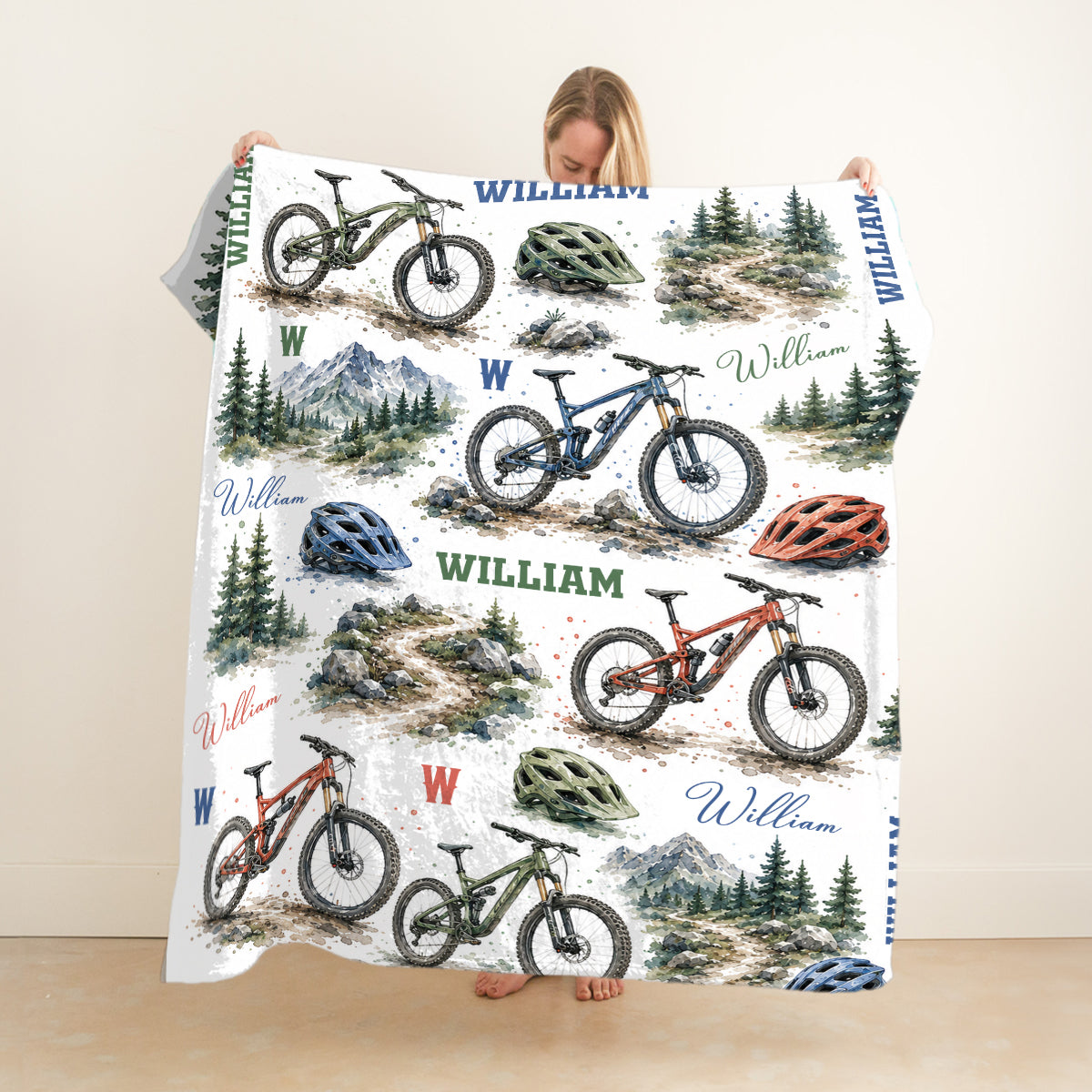 Personalized Mountain Bike Blanket, Custom Name MTB Blanket for Kids Boy Men, Watercolor Cycling Gift, Outdoor Biker Nursery Decor