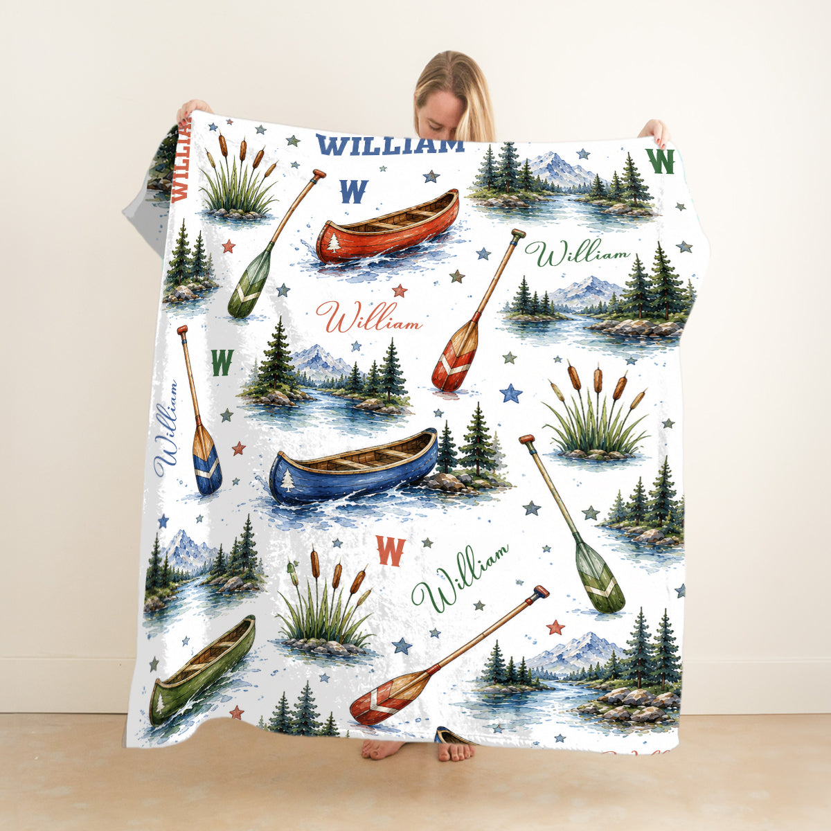 Personalized Canoe Blanket, Custom Name Camping Blanket for Kids & Adults, Watercolor Lake House Decor, Outdoorsy Gift, Mountain Throw
