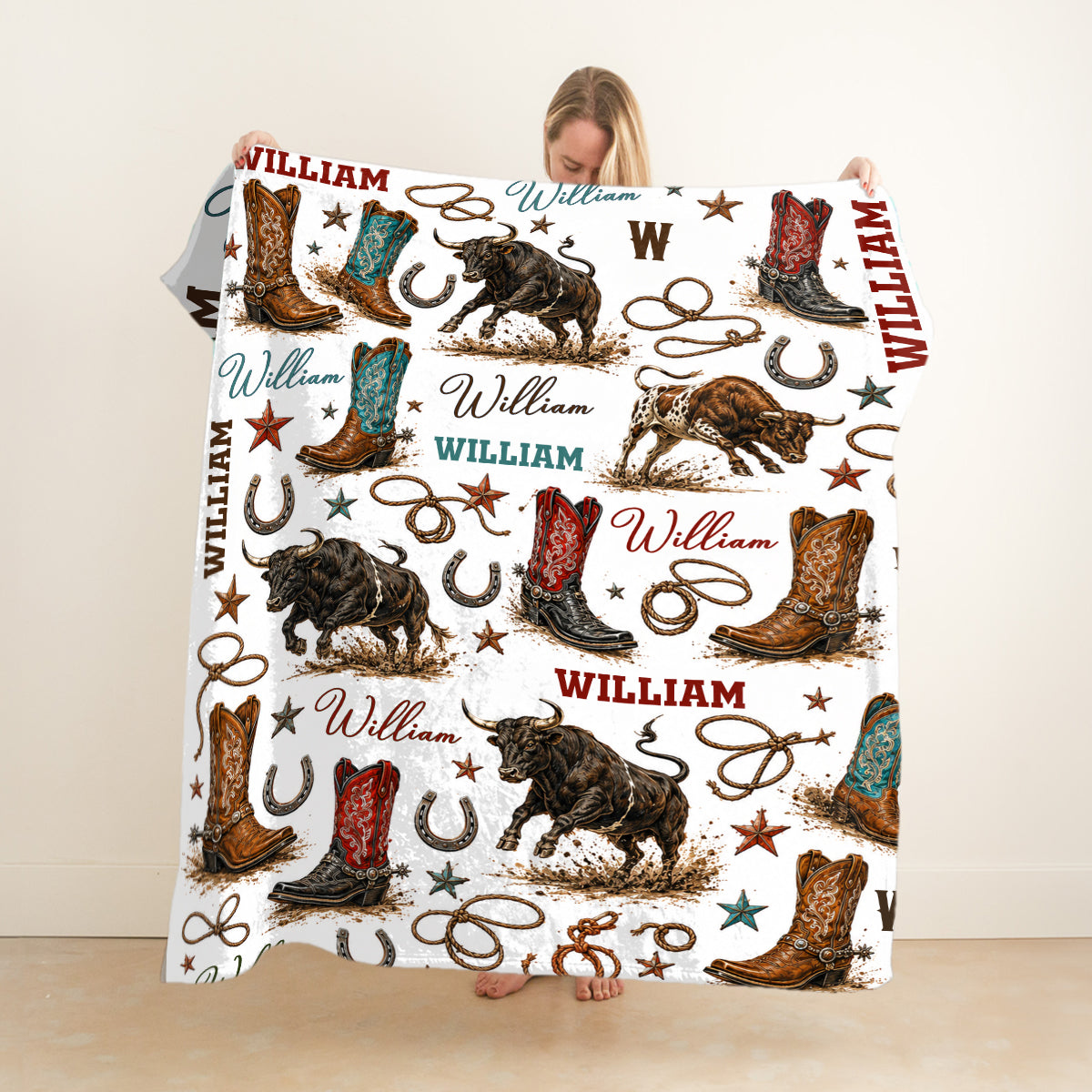 Personalized Cowboy Blanket, Custom Name Western Blanket, Rodeo Bull Rider Fleece Throw, Country Nursery Decor, Custom Boy Gift