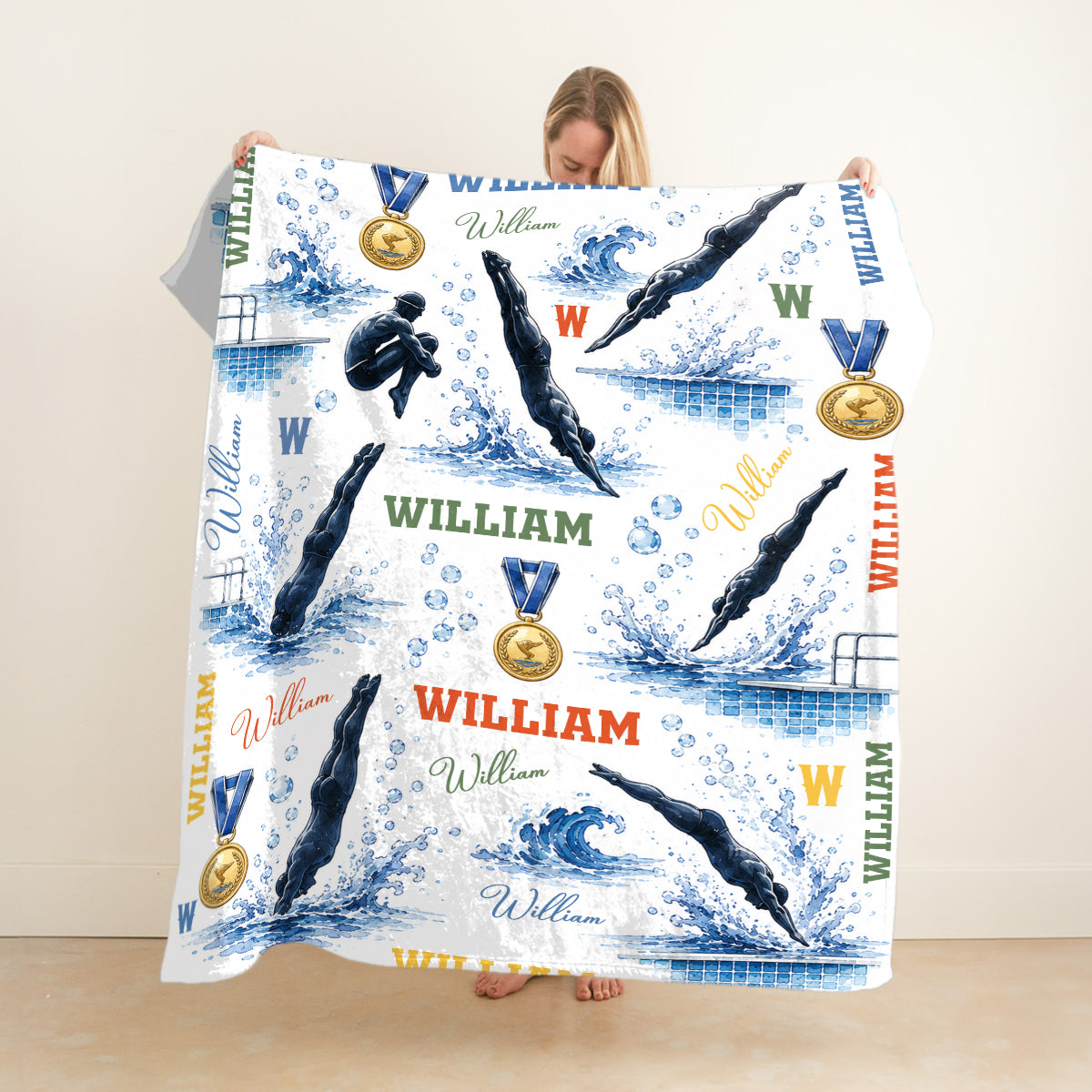 Personalized Diving Blanket, Custom Swimmer Diver Throw, Diving Board Sports Gift for Him, Custom Name Platform Diver Sherpa Blanket