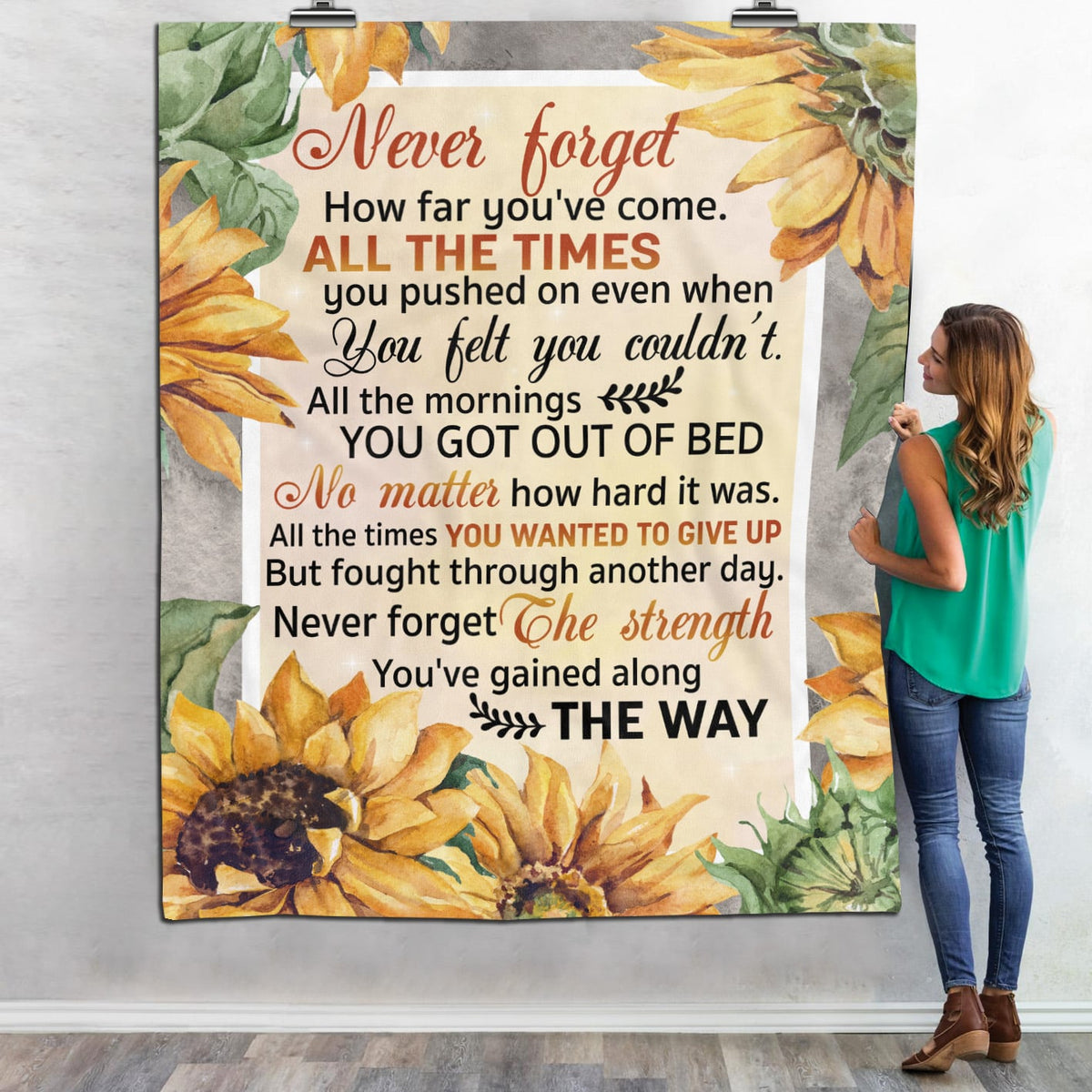 Never Forget How Far You’ve Come All the Time You Pushed on Fleece Blanket – Motivational Sunflower Sherpa Blanket – Woven Blanket