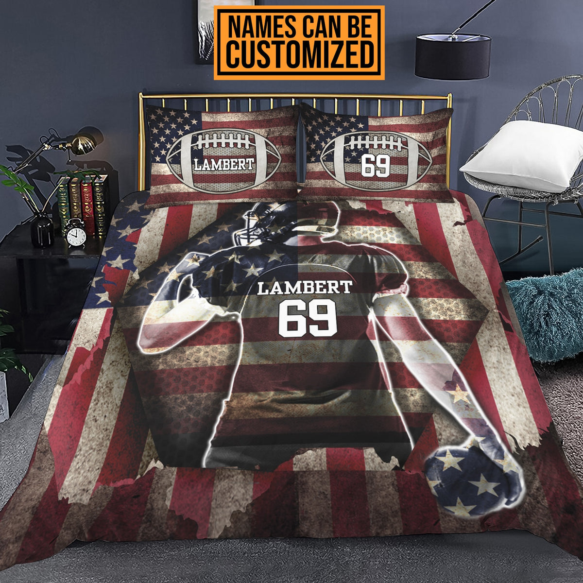 Personalized Football American Flag Bedding Set – Pillow and Duvet Cover – Football Lover Gifts