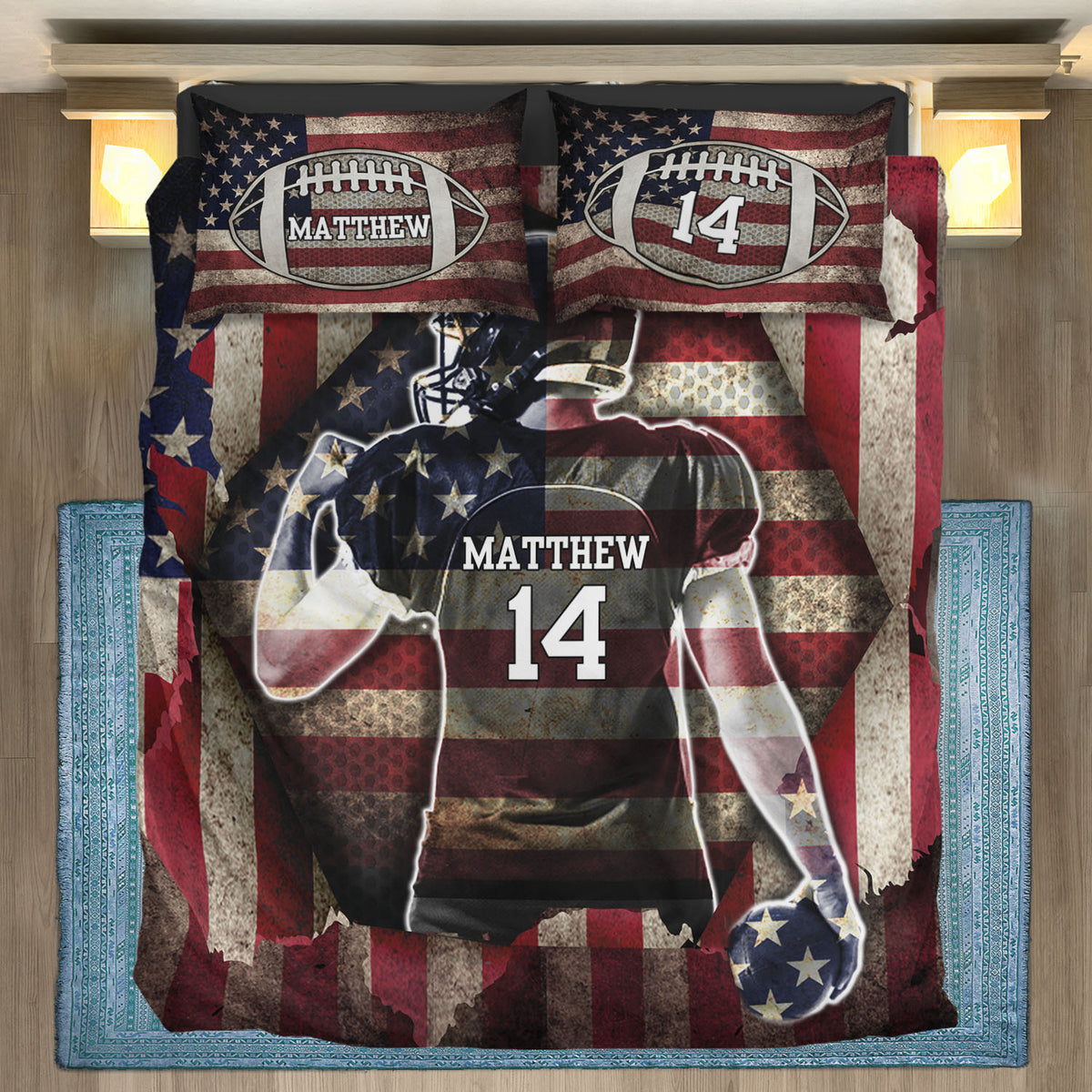Personalized Football American Flag Bedding Set – Pillow and Duvet Cover – Football Lover Gifts