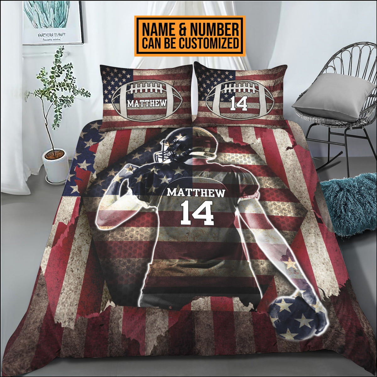 Personalized Football American Flag Bedding Set – Pillow and Duvet Cover – Football Lover Gifts