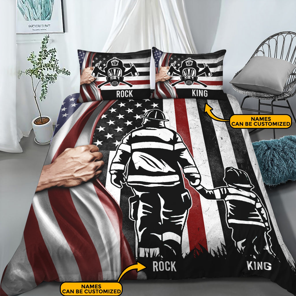 Personalized Firefighter Dad And Son American Flag Bedding Set – Firefighter Pillow and Duvet Cover