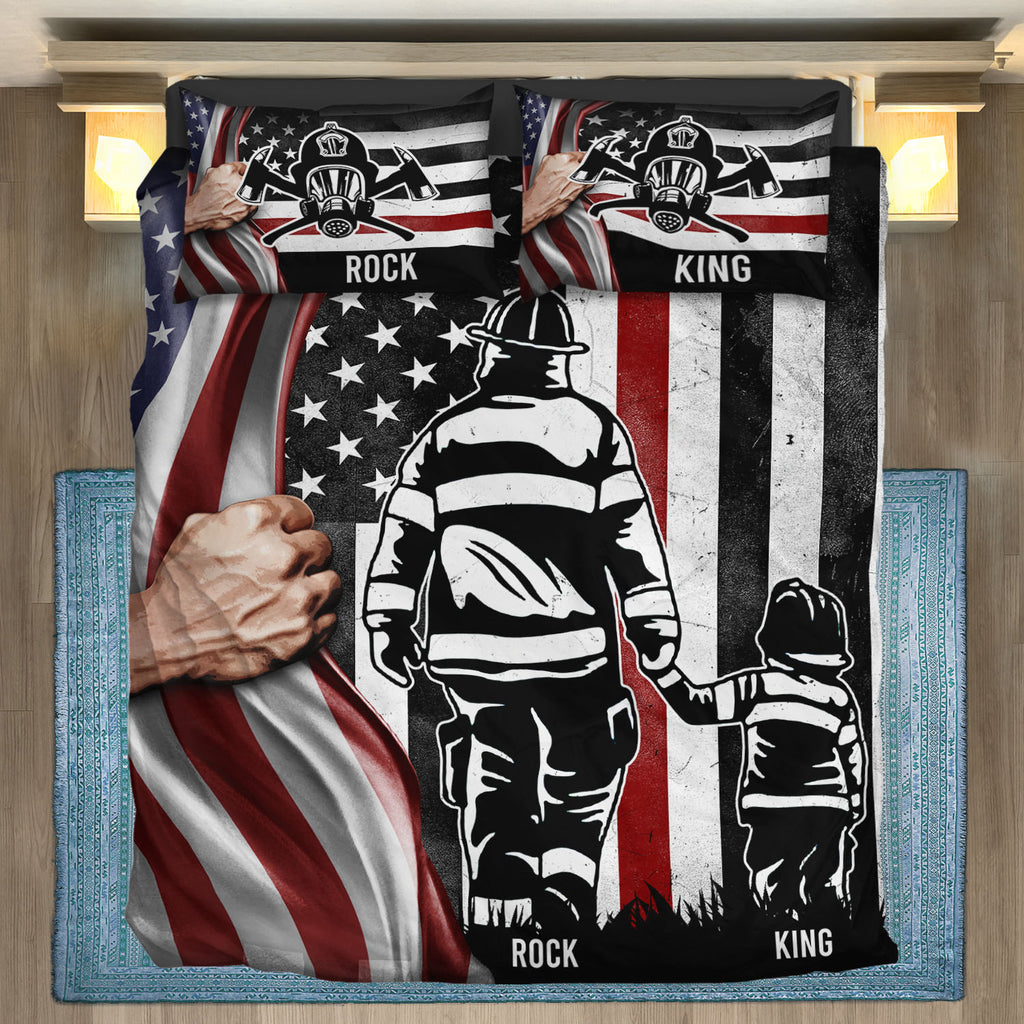 Personalized Firefighter Dad And Son American Flag Bedding Set – Firefighter Pillow and Duvet Cover