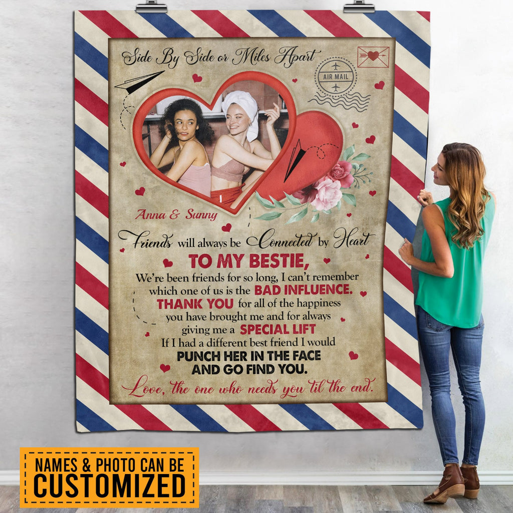 Custom Photo Airmail Letter To My Bestie Side By Side Or Miles Apart Fleece Blanket – Personalized Best Friend Blanket