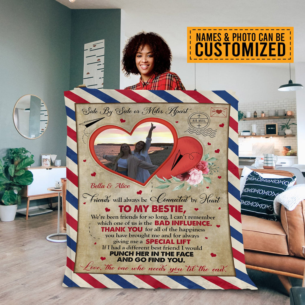 Custom Photo Airmail Letter To My Bestie Side By Side Or Miles Apart Fleece Blanket – Personalized Best Friend Blanket