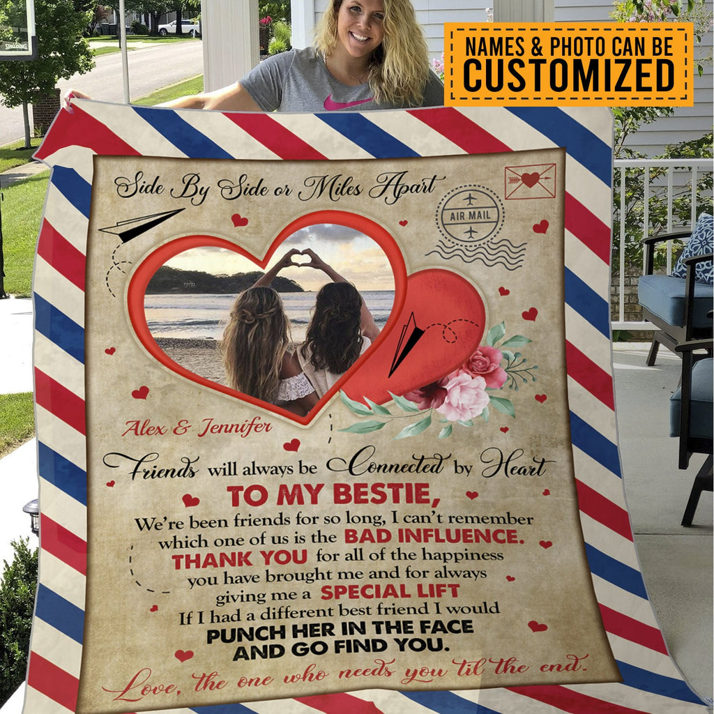 Custom Photo Airmail Letter To My Bestie Side By Side Or Miles Apart Fleece Blanket – Personalized Best Friend Blanket