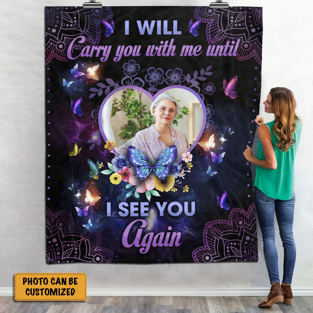 I Will Carry You With Me Until I See You Again Personalized Throw Blanket – Custom Photo Memorial Family Premium Blanket