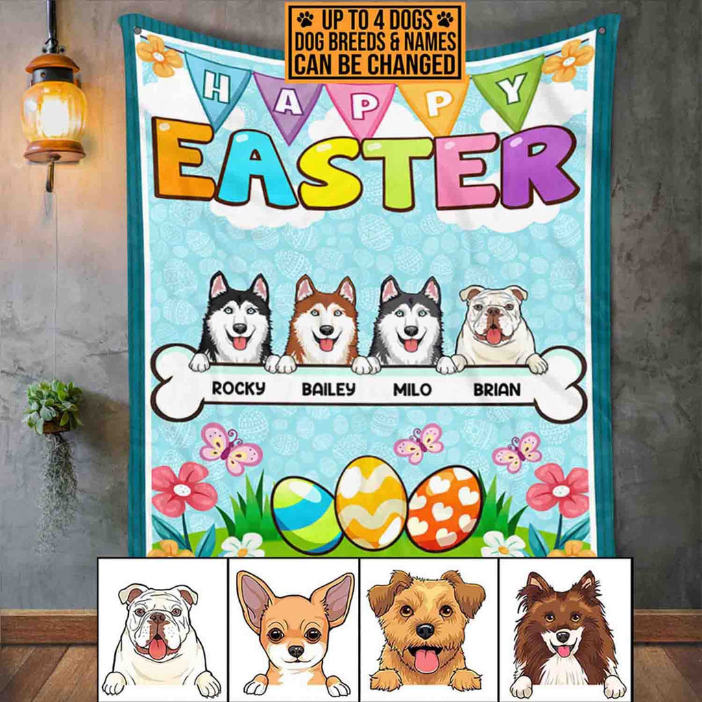Personalized Dog Breeds Happy Easter Fleece Blanket – Sherpa Blanket – Dog Lover Easter Day Woven Blanket