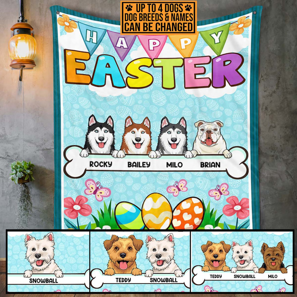 Personalized Dog Breeds Happy Easter Fleece Blanket – Sherpa Blanket – Dog Lover Easter Day Woven Blanket