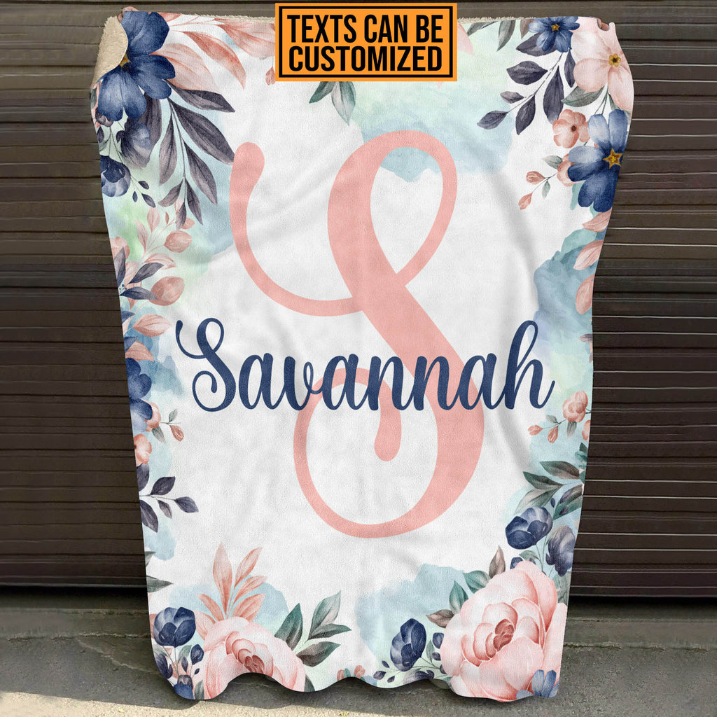 Personalized Mono Name Fleece Soft Blanket – Name Customized Letter Floral Baby Blanket Gifts