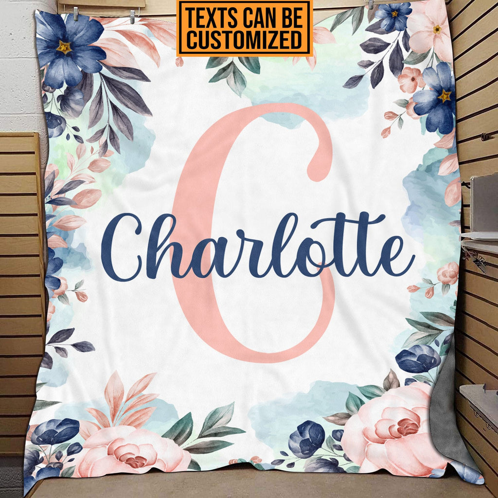Personalized Mono Name Fleece Soft Blanket – Name Customized Letter Floral Baby Blanket Gifts
