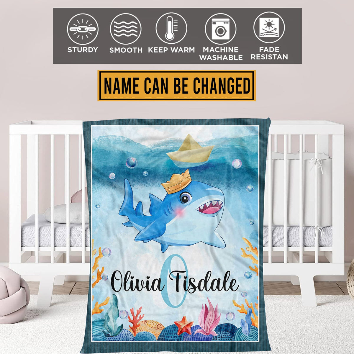 Personalized Shark Baby Soft Blankets – Baby Blanket for Girls Boys with Name – Custom Gift for Baby – Fleece Baby Blanket