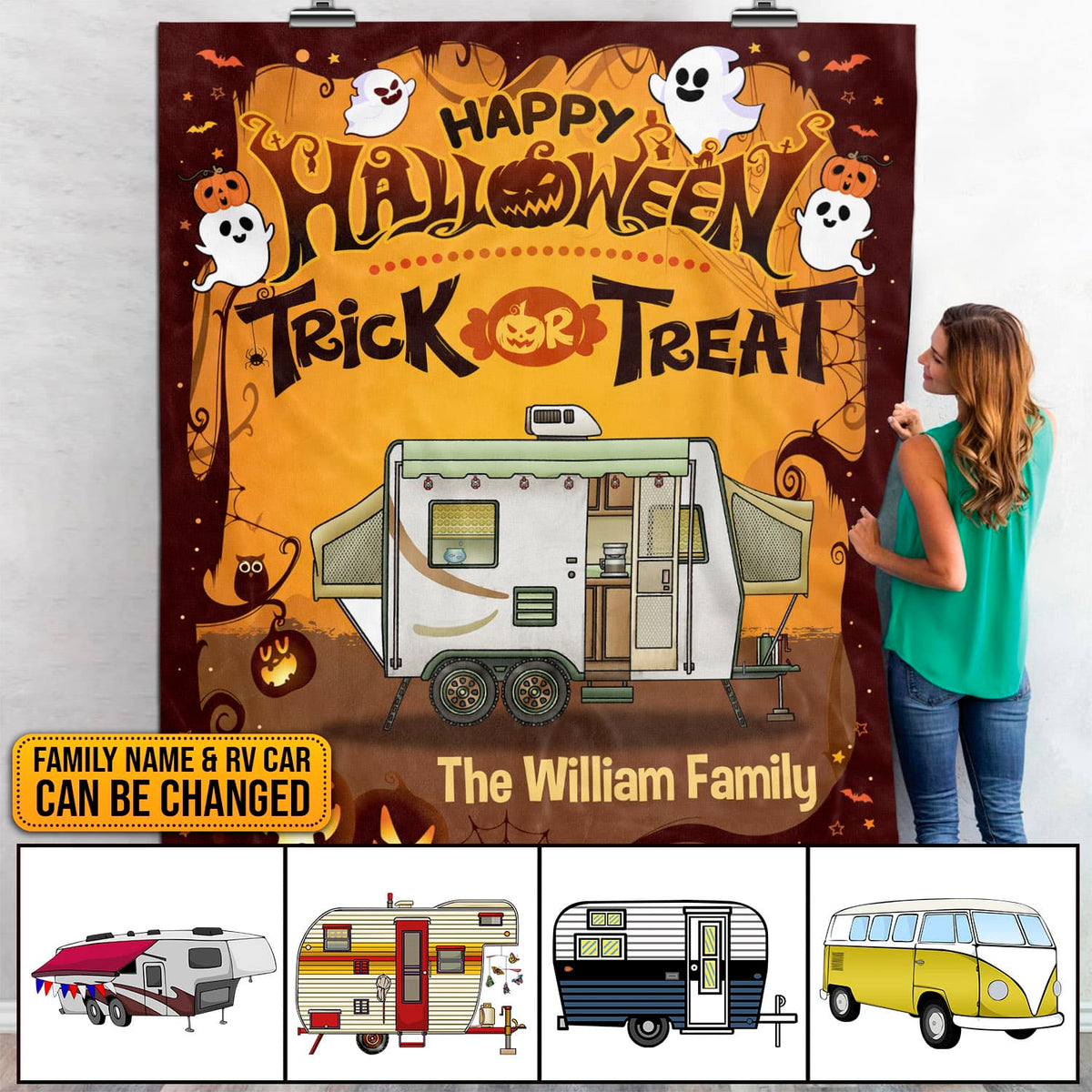 Personalized Happy Halloween Trick Or Treat Fleece Blanket – Custom Halloween Sherpa Blanket – Woven Blanket
