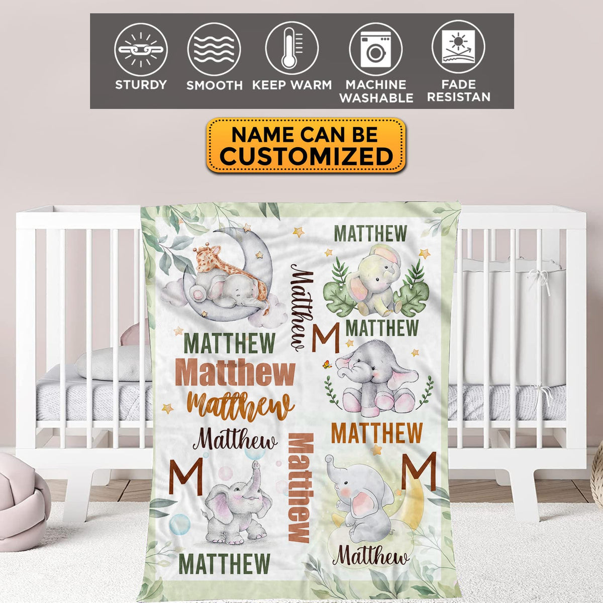 Personalized Name Baby Blanket Elephant – Custom Funny Cute Elephant Baby Name Fleece Soft Blanket