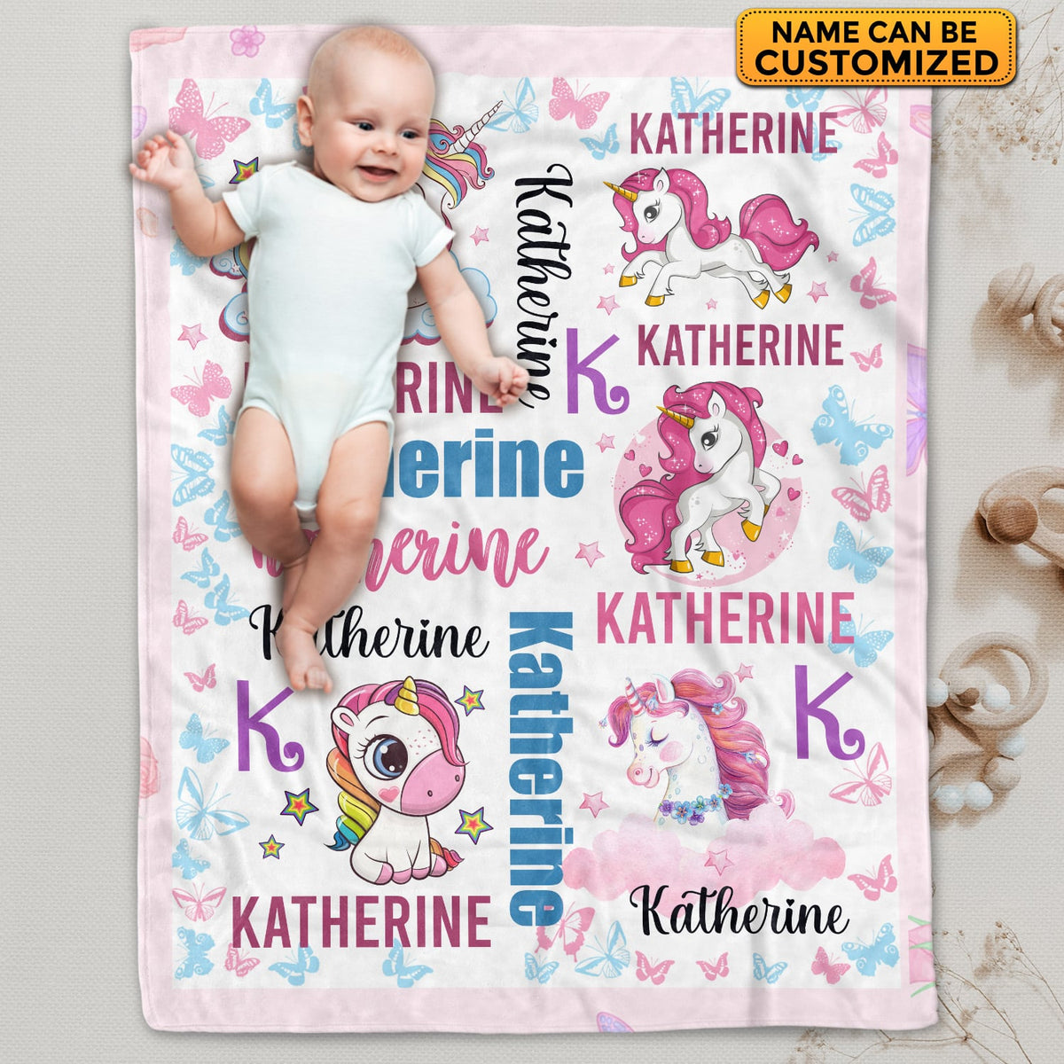 Personalized Name Baby Blanket Unicorn – Custom Funny Cute Unicorn Baby Girl Name Fleece Soft Blanket